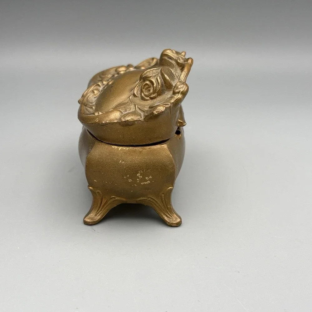 Vintage Art Nouveau Gold Gilded Pot Metal Dresser Jewelry Box Silk Lined